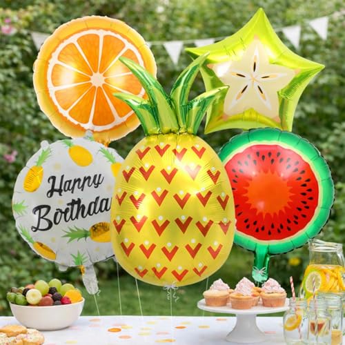 Image of Rozi Decoration Fruit Theme Foil Balloon Set for Kids Birthday Decoration - Pack of 5 with Pineapple, Watermelon, Orange and Happy Birthday Round Balloon