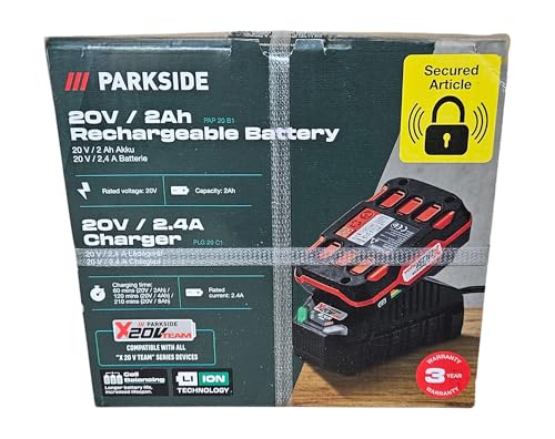 Parkside Batterie Lithium-ION 20 V - 2 Ah (PAP 20 B1) et Chargeur de 60 Min (PLG 20 C1) 65 W - 2,4 A - Équilibrage des cellules pour Une autonomie et Une durée de Vie prolongées