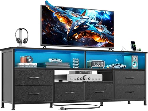 Image of Furologee TV Stand for 65 70 Inch TVs, 63 Inch Entertainment Center with Power Outlets and LED Lights, Media Console with 6 Fabric Drawers, PU Leather Surface for Living Room, Bedroom