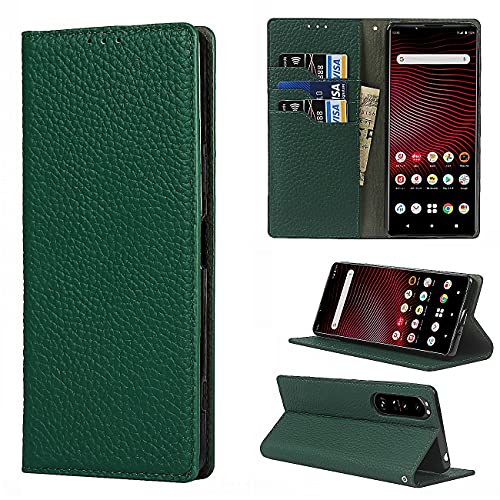 Copmob Funda Piel Sony Xperia 1 III,Piel Genuina Flip Billetera Funda de Cuero Genuino,[3 Ranuras][Cierre magnético][RFID Blocker],Carcasa Case Funda Libro para Sony Xperia 1 III - Verde Oscuro