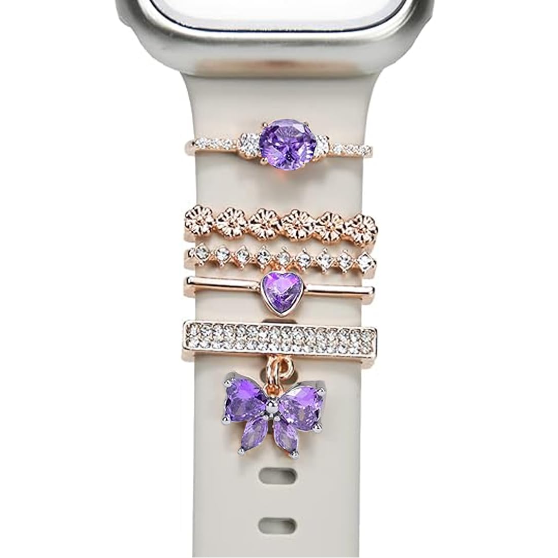 Watch Band Charms, Decorative Rings Loops Charms Compatible with Apple Silicone Watch Bands for Women 49mm 45mm 44mm 42mm 41mm 40mm 38mm , Metal Jewelry Watch Band Accessories Charms for iwatch band Series se 9 8 7 6 5 4 3 2 1 Samsung Galaxy watch 5/Pro/4 fitbit purple - rose gold