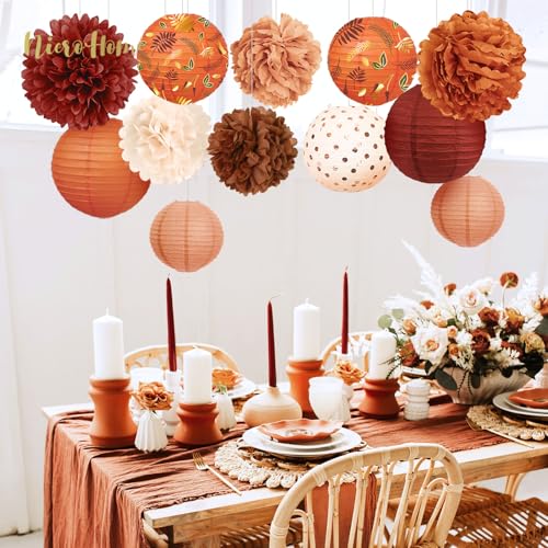 Image of Fall Wedding Decorations, 12 PCS Carmine Rust Orange Brown Tissue Pom Poms and Paper Lanterns for Rustic Classical Wedding, Retro Bridal Shower, Fall Baby Shower Party