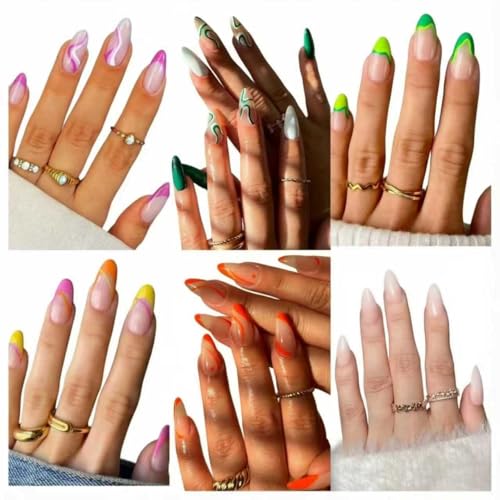 Medium Length Press On Nails Almond French Tip 6 Packs (144 Pcs)，Fake Nails with Designs colorful False Nails Green Orange Pink White Stick On Nail Acrylic Nails for Women and Girls