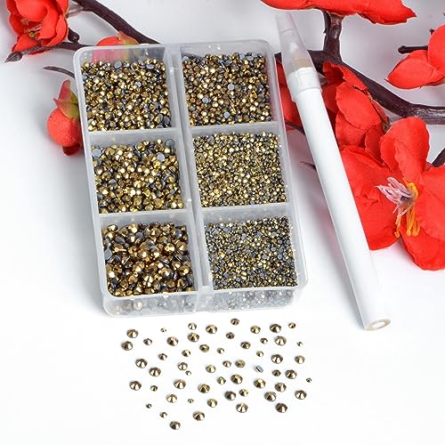 Image of Bymitel Hotfix Crystal Rhinestones Round Gems for Crafts,Mixed 6 Sizes with Wax Pencil Kit, Aurum1.3-3.2mm(SS3-SS12 /8000pcs)