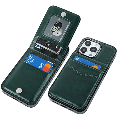 Image of KIHUWEY Compatible with iPhone 13 Pro Case Wallet with Credit Card Holder, Premium Leather Magnetic Clasp Kickstand Heavy Duty Protective Cover for iPhone 13 Pro 6.1 inch(Green)