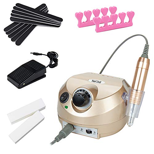 30,000RPM Electric Nail Drill File Machine Set for Acrylic Liquid Monomer Dip Powder Polygel Gel Nails Tips with Professional Salon Manicure Pedicure Buffer Kits and 2 Foam Toe Separators(Champagne)