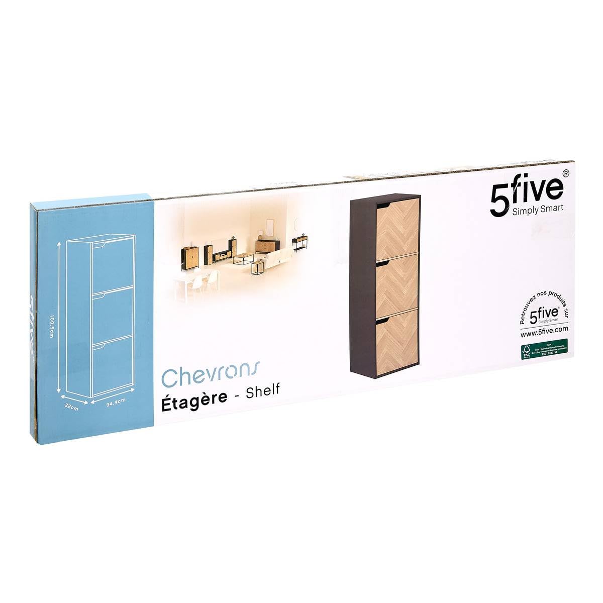5five - Mueble de 3 estantes y 3 puertas con diseño Chevron - Efecto madera y negro - Forma cúbica - Almacenamiento práctico y práctico - Sala de estar, oficina, dormitorio