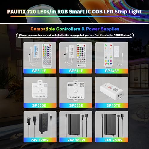 Image of PAUTIX IP65 Waterproof RGB Smart IC COB LED Strip Light Addressable 16.4ft /5m,24V Color Flowing Strip Light Multicolor Flexible Tape Lights for TV,Room,Party DIY Decoration(Without Controller&Adapter)