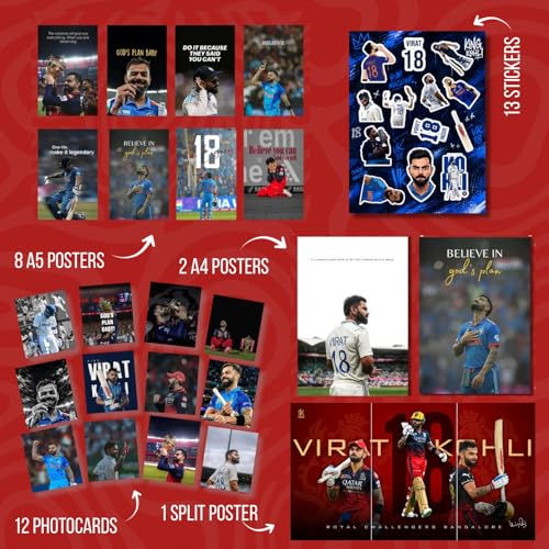 Image of Virat Kohli Gift Merchandise | 10 Premium Posters, 13 Stickers, 12 Photocards & 1 Split Poster | Aesthetic Virat Kohli Merchandise Gift Set for Cricket Fans | Posters Combo Pack for Room Decor