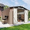 Breezestival 10x12 FT Outdoor Storage Shed with Floor Foundation & Lockable Double Doors, Heavy-Duty Galvanized Steel Outdoor Metal Shed for Bike, Tool Storage in Backyard, Patio (10’x12’, Floor Base)
