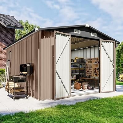 Breezestival 10x12 FT Outdoor Storage Shed with Floor Foundation & Lockable Double Doors, Heavy-Duty Galvanized Steel Outdoor Metal Shed for Bike, Tool Storage in Backyard, Patio (10’x12’, Floor Base)