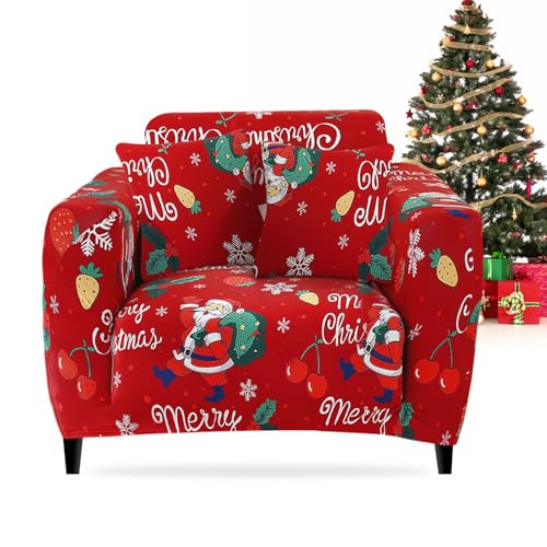 FIGOOO Copridivano Natalizio Elasticizzato 1 Posto Copridivano con Braccioli a Stampa Elemento Natalizio Fodera per Divano Fantasia Lavabile Spandex,Ciliegia