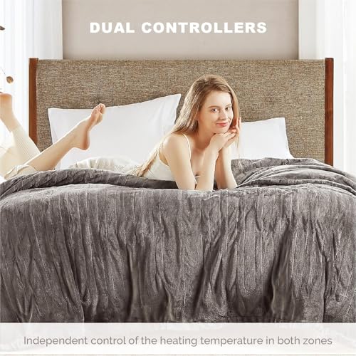 Degrees of Comfort California King Electric Blanket with Dual Controls, Large Fleece Heated Blanket for Bed,Auto Shut Off, Machine Washable -Grey, 100Wx94L - Thumbnail 6