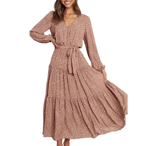 PRETTYGARDEN Womens Fall Long Sleeve Wrap V Neck Ruffle Floral Maxi Dress Casual Tie Waist Boho Chiffon Flowy Long Dresses