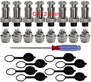 QitinDasen 8Pcs Premium 6 Pin GX12 Aviation Connector, 5A 12mm Thread Male Female Panel Metal Aviation Wire Connector Plug Socket, with Rubber Protector Cap and Phillips Screwdriver