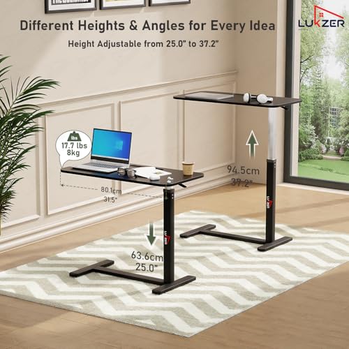 Image of Lukzer MST-002 Black Frame Black Top Overbed Table with Wheels | Adjustable Height Laptop Desk for Bed & Sofa | Rolling Bedside Table for Home, Hospital & Office (40x80x95 cm)