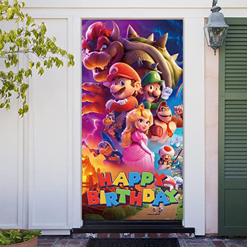 Super Mario Theme Happy Birthday Door Banner 72.8X35.4In Adventure Game Mushroom Gold Coins Backdrop For Kids Happy Birthday Dessert Table Top Decor Outdoor Door Banner Supplies #TOP1
