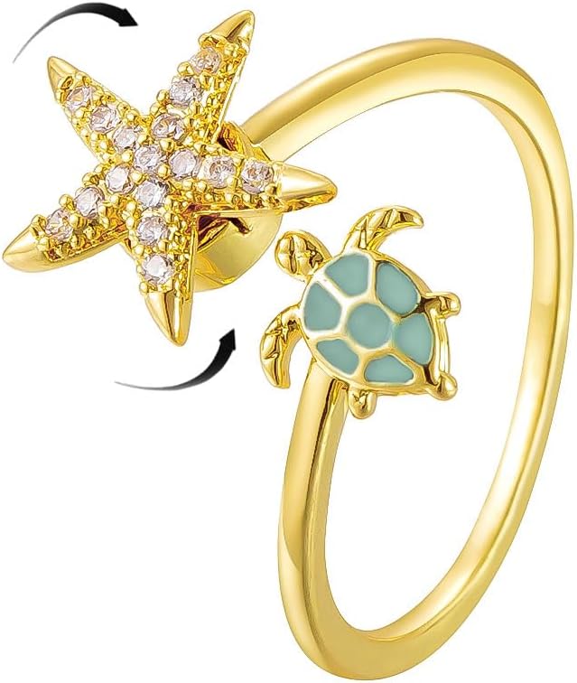 NewZenro Dainty CZ Starfish Sea Turtle Adjustable Fidget Ring for Women - Anxiety Relief Spinner Crystal Ocean Jewelry