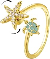 NewZenro Dainty CZ Starfish Sea Turtle Adjustable Fidget Ring for Women - Anxiety Relief Spinner Crystal Ocean Jewelry