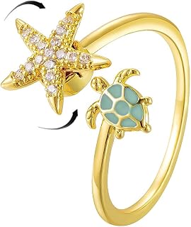 NewZenro Dainty CZ Starfish Sea Turtle Adjustable Fidget Ring for Women - Anxiety Relief Spinner Crystal Ocean Jewelry