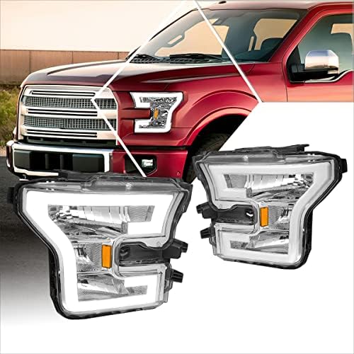 LED DRL Headlight(Headlamps) Assembly Set Compatible with Ford F150 2015-2017 Chrome Housing/Amber Corner