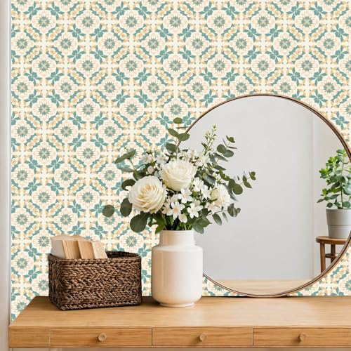 IVN Teal Beige Floral Peel and Stick Floor Tiles 12x12 Inch 10PCS by IVN - Used condition - Image 3