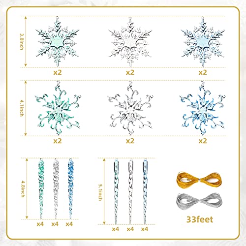Vgoodall 36Pcs Glitter Snowflakes Icicles, Acrylic Snowflakes Icicles With Gold Sequins Inside Ornaments 3 Colors Christmas Hanging Decorations For Winter Xmas Tree Window Wedding #TOP1
