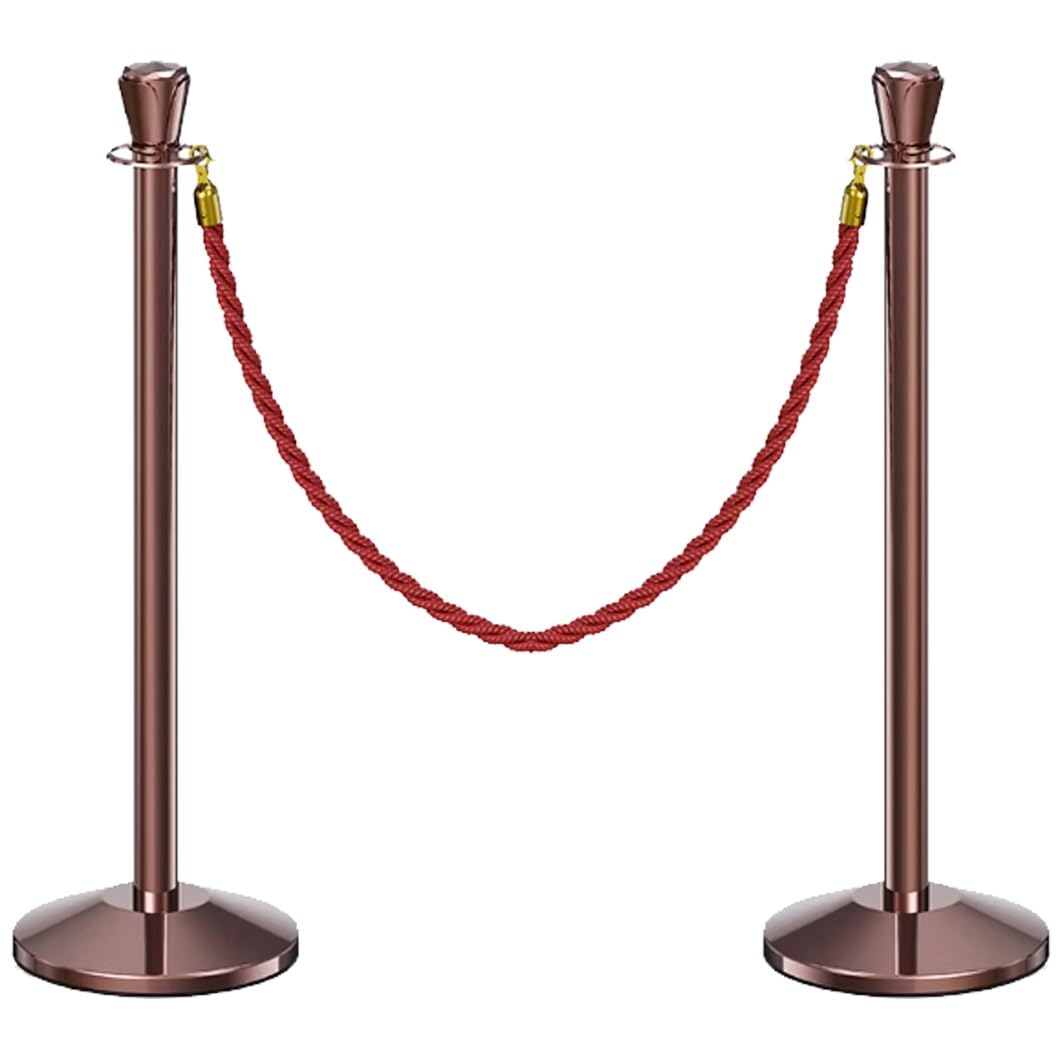 Aioneer Stainless Steel Stanchion Post Set 39.3" Crowd Control Barriers With 4.9Ft Ropes Durable Queue Poles For Events Commercial Grade Stanchions-Rose Gold-2 Pack