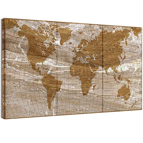 Visual Art Decor Xlarge Retro Detailed Map of the World Canvas Prints Framed Push Pins World Map Travel Map on Marble Textured Canvas Wall Decor for Home Office Ready to Hang (W-60" by H-36" Beige)