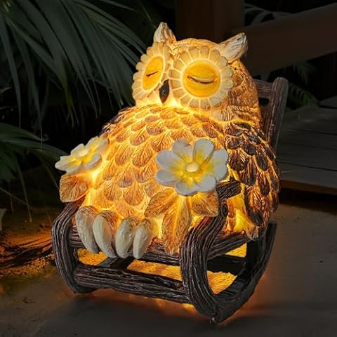 LIULO TOOL Light Up Owl on Chair Garden Sculpture, LED Solar Powered Owl Lying on The Chair, Cute Owl Figurine Crafted Statue for Home Fireplace Outdoor Centerpiece Collection Decoration, 3x3x4 in Cover