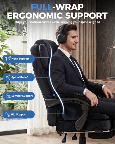 Image of GTPLAYER Big and Tall Office Chair with Pocket Spring Cushion & Ergonomic Lumbar Support for Lower Back Pain Relief, High Back Computer Gaming Chair with Foot Rest, Soft Velvet Fabric, Black