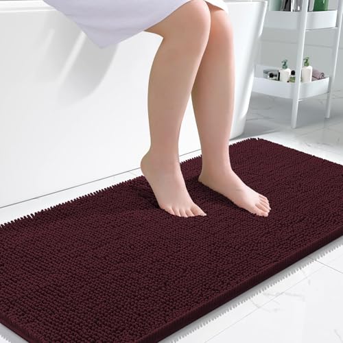 Image of OLANLY Bathroom Runner Rugs 47x24, Soft Absorbent Chenille Bath Rugs, Rubber Backing Quick Dry, Machine Washable Long Bath Mats for Bathroom Floor, Tub and Shower, Home Decor Accessories, Black Cherry