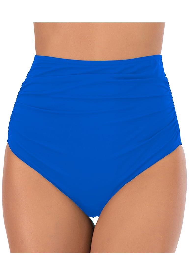 Lovache Parte inferior de bikini de cintura alta para mujer, color liso, fruncido, control de abdomen