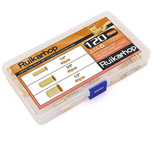 Ruikarhop 120Pcs Tube Od(1/4" 3/8" 1/2") Brass Compression Insert,Brass Compression Fitting Assortment Kit #TOP6