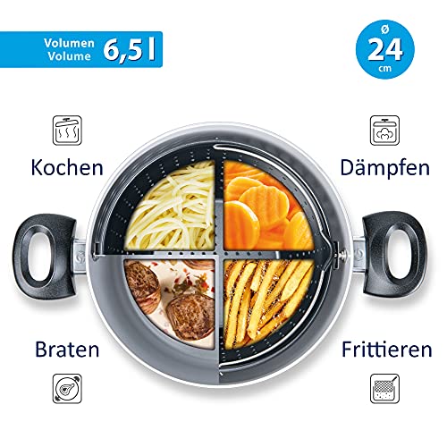 Foto von Genius Cerafit Magic Pot Kochtopf-Set 6tlg. 20cm + 24cm - Topf 3,7l + 6,3l mit Siebeinsatz & Glasdeckel für einfaches Kochen, Abgießen & Servieren | Nudeltopf für alle Herdarten Schwarz