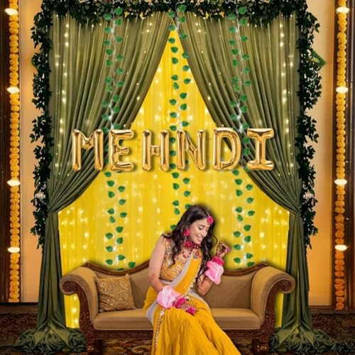 Image of Shimmers Mehndi Decoration Kit 15 Pcs Set, Mehndi Foil Banner with Yellow Green Net Curtain, Artificial Money Plant Strings, Marigold Flowers, Ribbon for Haldi Mehendi Function Decor