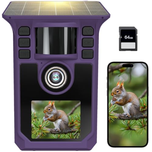 FKPCAM 4K 64MP Solar Wildkamera mit Handyübertragung APP, WLAN Bluetooth Eingebaute 5000mAh, 64GB Speicherkarte, Wildkamera mit Bewegungsmelder Nachtsicht, IP67 Wasserdicht 130°Weitwinkel（Grau）