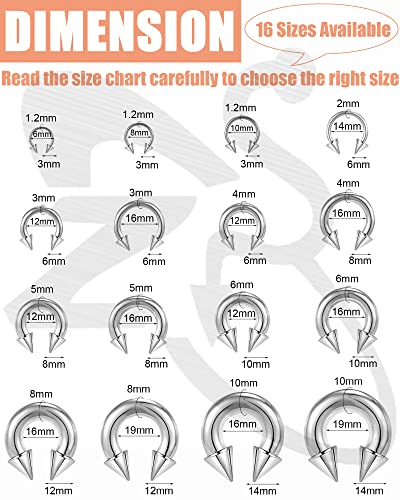 Zs Surgical Steel Spiked Horseshoe Circular Barbell, 00G 0G 2G 4G 6G 8G 12G 16G Pa Rings, Cbr Nose Septum Nipple Tragus Lip Ear Body Piercing Jewelry (Sliver,0G,16Mm) #TOP4