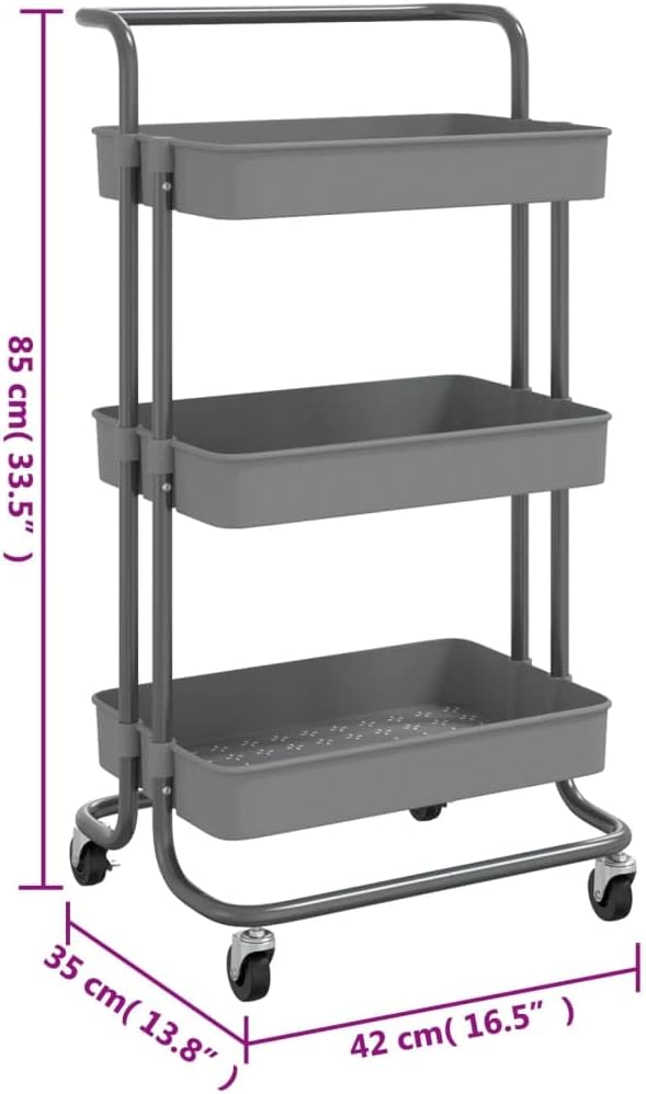 3-Tier Kitchen Trolley Gray Iron and ABS 16.5"x13.8"x33.5" Kitchen Cart with Wheels Rolling Kitchen Island Cart for Food Storage and Utility