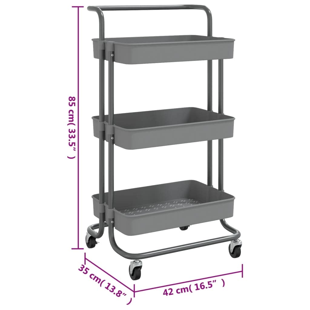 vidaXL Carrito de Cocina Carro de Servicio Doméstico Niños Garaje Estantes Almacenamiento Alimentos Bebidas 3 Niveles Hierro y ABS Gris 42x35x85 cm