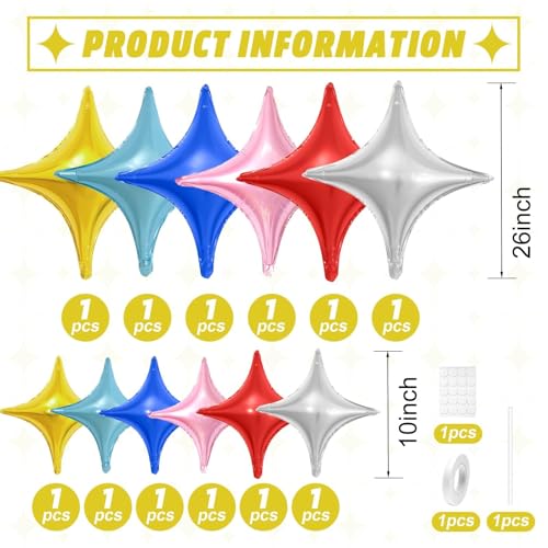 Image of Colorful Star Balloons,12Pcs Four Angle Star Foil Balloons | 26Inch and 10Inch Colorful Quadrangle Star Helium Balloon for Birthday Baby Shower Wedding Party Decorations