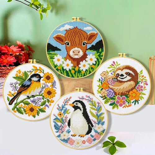 Image of Zhenging Animal Cross Stitch Kit - 4 Pre-Printed Designs (Sloth, Bird, Penguin, Calf) with 11CT 9.45x9.45 Inch Fabric, Hoop, Scissors, Threader & Tools for Beginners & Adults