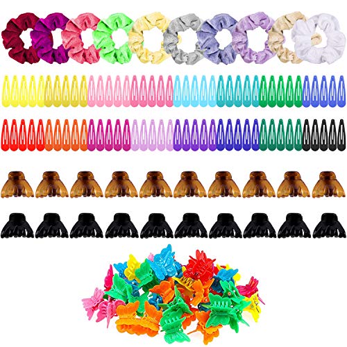 Duufin 160 Pcs Scrunchies Hair Clips Set 10 Pcs Velvet Hair Scrunchies 80 Pcs Snap Hair Clips 50 Pcs Mini Butterfly Clips and 20 Pcs Mini Hair Claw Clips for Girls and Women