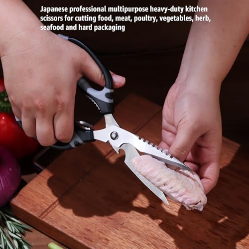 Image of BoFuYuan 9-Inch Detachable Heavy Duty Kitchen Scissors for Food, Black | Multifunctional, Sharp Serrated Blade, Dishwasher Safe, Ergonomic Non-Slip Handle, Multipurpose Cooking Food Cutting Shears