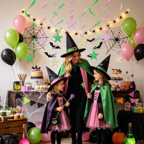 Image of BEISHIDA Green Pink Glitter Stars Hanging Swirls Pre-Strung Hanging Ornament Decorations for Baby Shower Wedding Witch Theme Birthday Party Decorations,Pack of 15