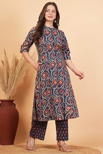Image of rytras Women Woman Pure Cotton Printed A-Line Kurta Sets with Palazzos|Kurti Set for Woman|Cord Set for Women Cotton