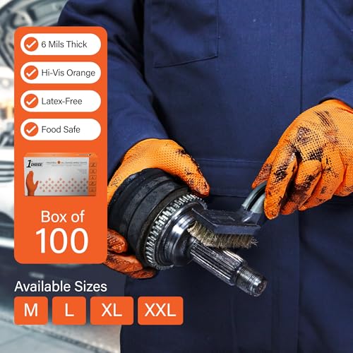 Image of 1st Choice Orange 6 mil Nitrile Disposable Gloves Diamond Grip Medium 100 | Bulk Purchasing Options, Medium Duty Gloves for Mechanics, Business, and Household Tasks, Food Safe and Chemical Resistant