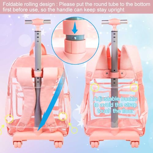 3PCS Clear Backpack Rolling Backpack for Girls, Heavy Duty PVC Transparent Bookbag, See Through School Bags with Wheels for Teens Women Elementary Travel - Pink3