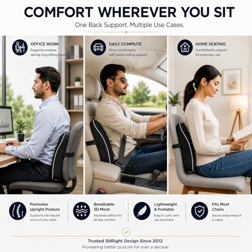 Image of Grin Health Posture-Correcting Backrest Cushion for Office Chair | Mid-Spine Support for Upright Sitting | High-Density Memory Foam | Orthopedic Back Support for Back Pain Relief, Black