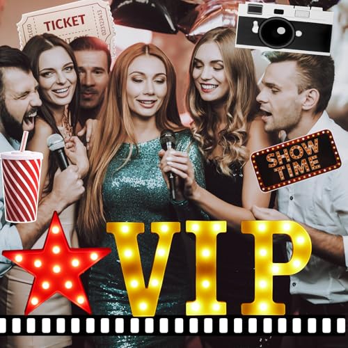 Image of 13 Pcs VIP Movie Night Party Decorations 8.6 inch VIP Light up Letters Sign Film Clapper Board Marquee Star Sign Party Cards Props for Movie Nigh Theater Table Centerpieces Decorations Supplies
